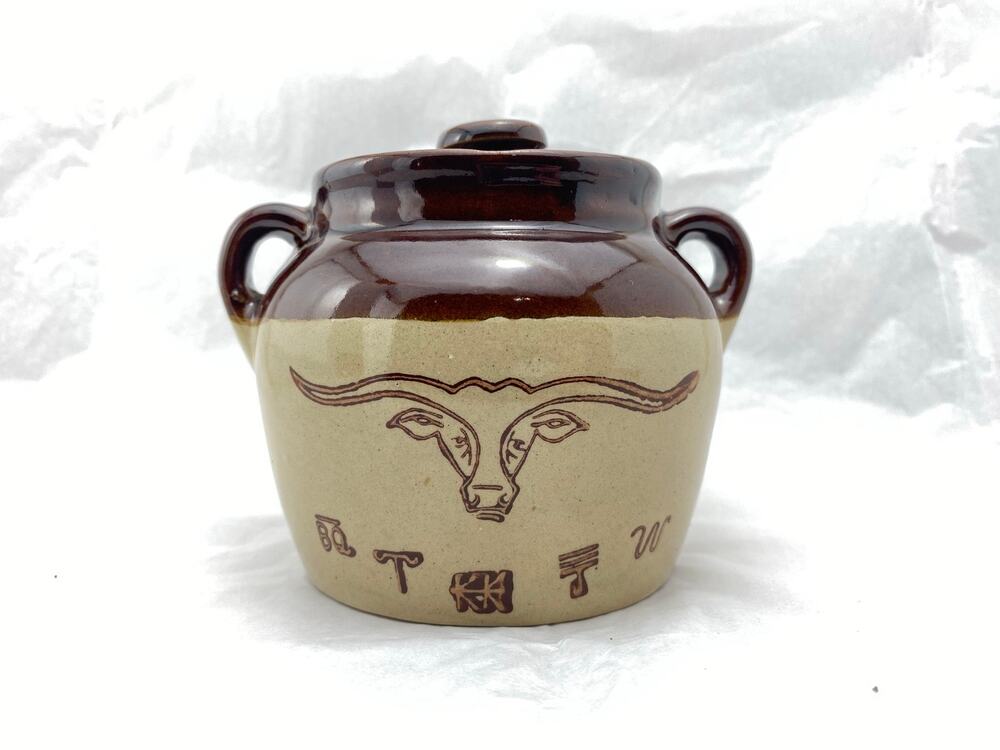 Vintage Western Ceramic Bean Pot Crock Double Handles Stamped USA Cattle Brands